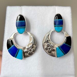 Native American Navajo Charlie Bowie Signed Stone Inlay Earrings Sterling Silver